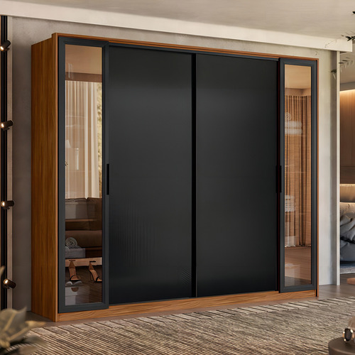 Cômoda Lume E Guarda Roupa Casal Laredo Nogueira Preto Flex