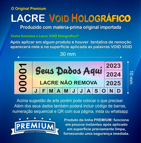 Lacre Void Holográfico Premium Personaliza 30x10mm 500un P/b