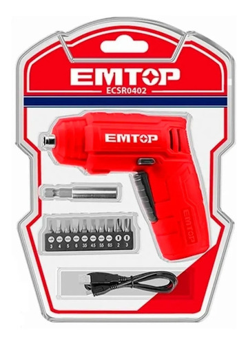 Atornillador Inalambrico Emtop Bateria Litio 10 Puntas 4v Color Rojo