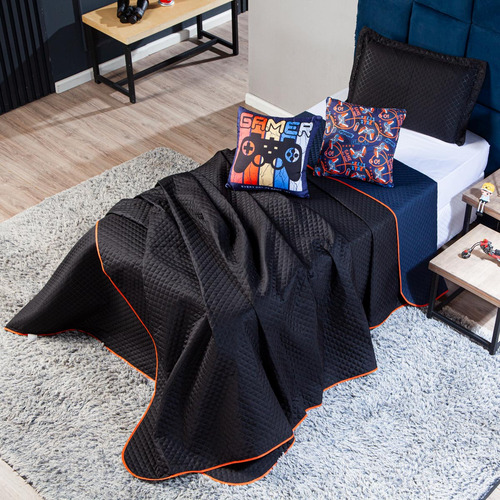 Kit Cama Colcha Game Day Preto Com Almofadas Casal 05 Peças