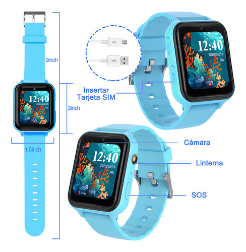 2G llamada telefónica Reloj Inteligente Sjrohe G12 LCD Full HD Reloj para Juegos y Reloj smartwatch,Sos Reloj Inteligente con Ranura para Tarjeta SIM para Reloj Inteligente niño llamada color Azul