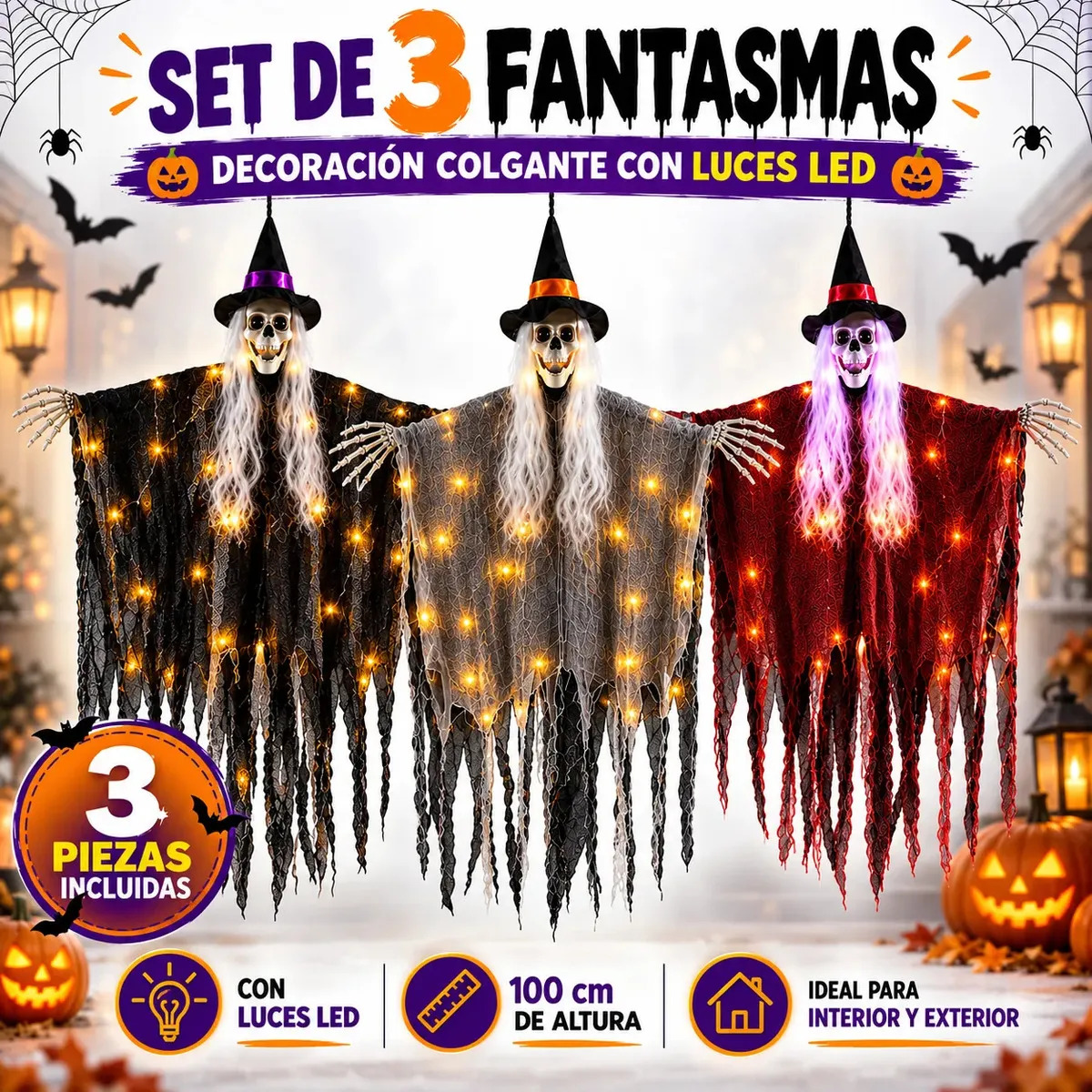 3 Fantasmas Colgantes Halloween Con Luces LED, Decoración Terrorífica de Bruja Esqueleto 100cm, Adornos Grandes para Interior Exterior, Puertas, Ventanas, Jardín y Fiesta LuzMascot