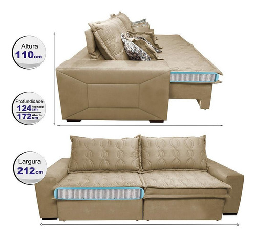 Sofá Retrátil 2,12m Pocket Cama Inbox Supreme Suede Bege