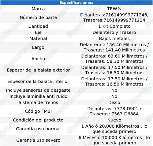 Kit Completo Balatas Bajos Metales Jaguar Vanden Plas 95-03