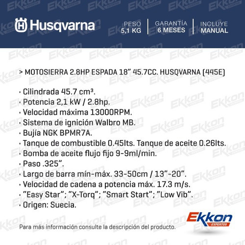 Imagen 2 de 6 de Motosierra Husqvarna 45.7cc Espada Cadena 18pl Podadora 445e
