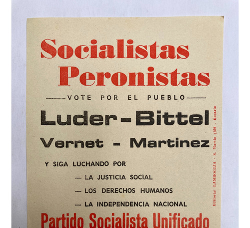 Panfleto: Socialistas Peronistas Vote Luder-bittel. P.s.u.