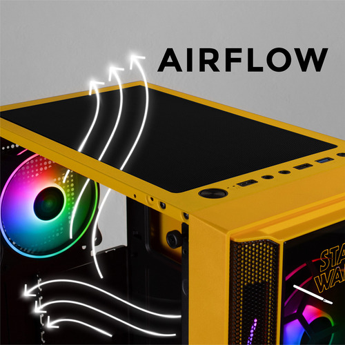 Gabinete Gamer Xtreme Pc Gaming Starwars Comic Edition Media Torre Atx 4 Fan Argb Cristal Templado Amarillo