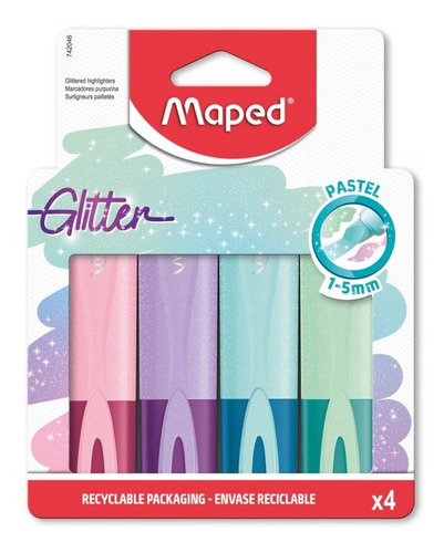 Imagen 1 de 5 de Resaltador Marcador Maped Glitter Pastel Pack X4 Colores Edu