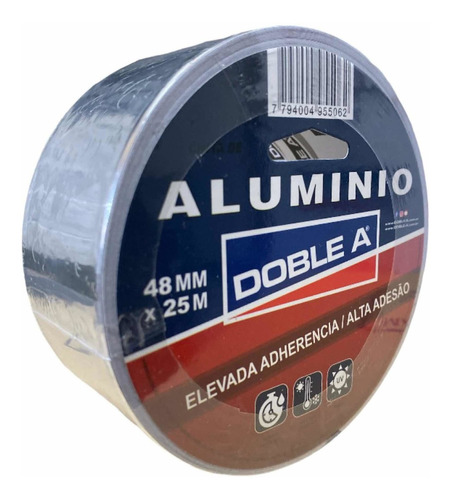 Cinta De Aluminio Adhesiva De 48 Mm X 25 Mts Marca Doble A Color Gris Liso