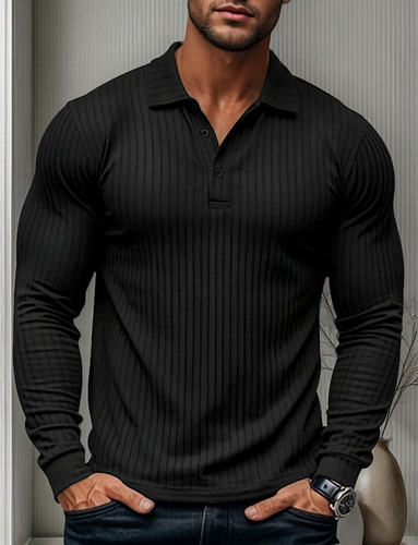 Camisa Polo Casual Manga Comprida Com Lapela Botões Waffle S