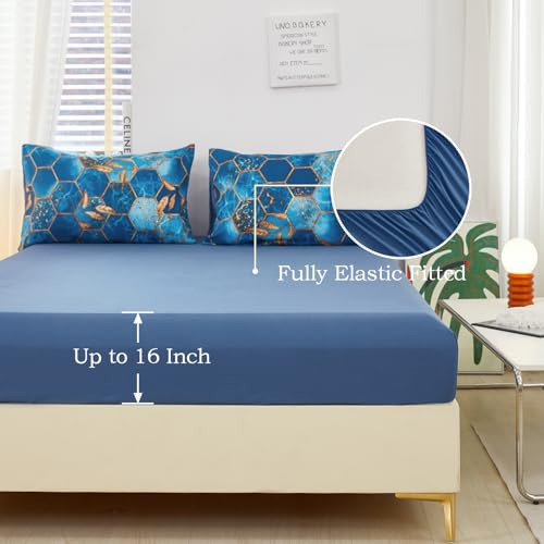 Juego De Cama Matrimonial Estampado Mármol Azul Y Dorado
