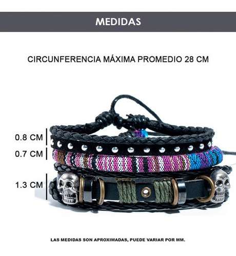 Imagen 7 de 7 de Set De 3 Pulseras De Cuero Con Calaveras