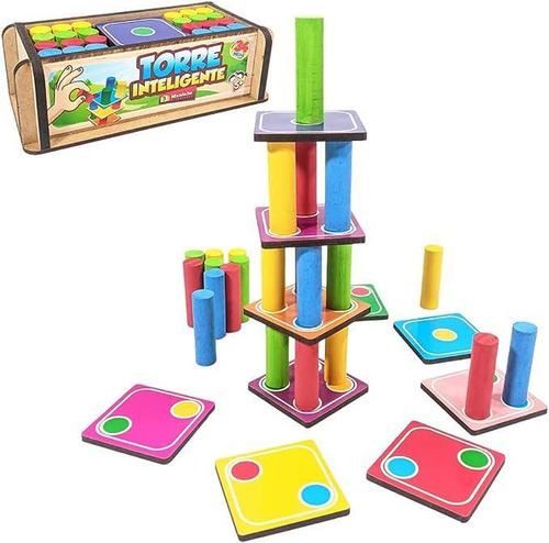 Jogo Infantil Educativo Torre Inteligente Madeira Com 34 Pçs