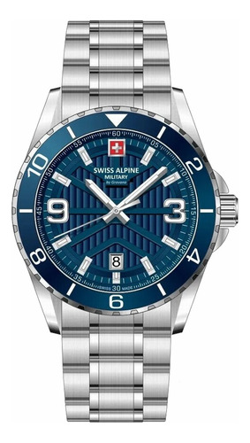 Reloj Swiss Alpine Military Sentinel 7073.1135sam Malla Plateado Bisel Azul Fondo Azul