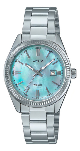 Reloj Mujer Casio Ltp-1302ds-2avdf Core Ladies Correa Plateado Bisel Plateado Fondo Azul