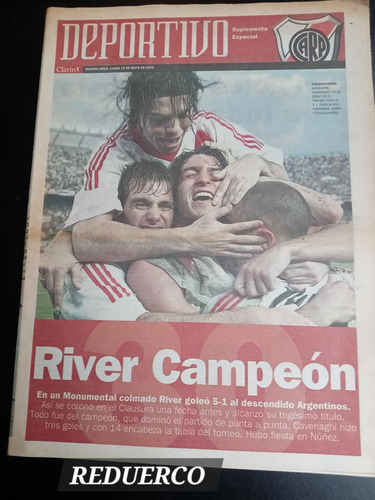 Suplemento Deportivo Clarín River Campeón Clausu 2002 13/5 E