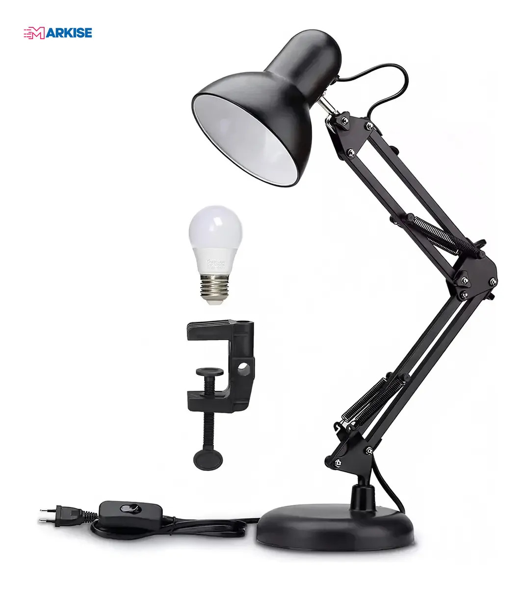 Lámpara De Escritorio Brazo Giratoria 360° Doblar Markise Color Negro