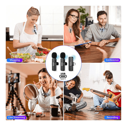 Sistema Microfone Lapela Duplo Wireless K11 Smartphone Usb-c Cor Preto