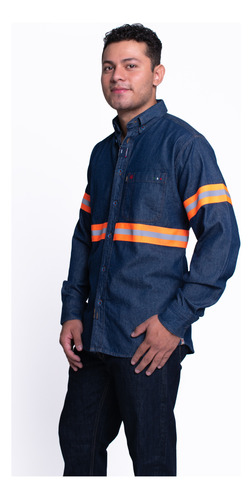 Camisa Mezclilla Industrial  28 A 38 Con Reflejante Naranja 