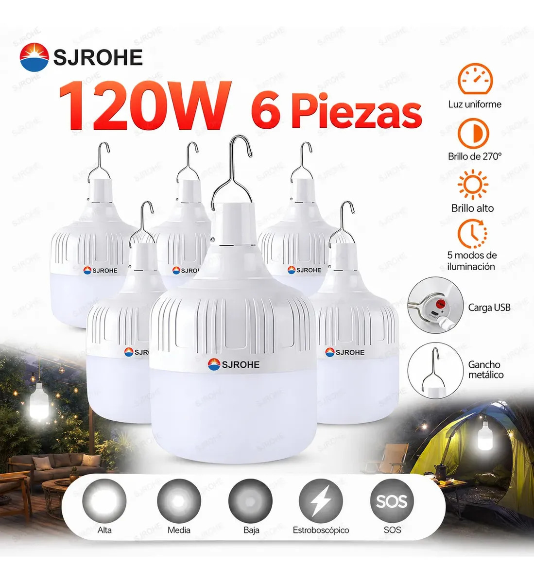 Sjrohe 6 Piezas Extra Brillante Lámparas De Emergencia Recargable 5 Modos De Iluminación 120w Luz Blanca Luces Led Contiene Batería Apto Para Uso En Interiores, Exteriores, Acampad