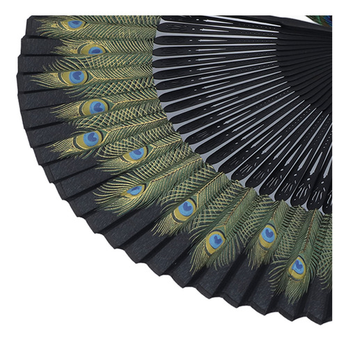 Abanico Plegable Con Diseño De Pavo Real Y Huesos Negros