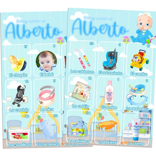 Lotería Baby Shower Bebé Azul Niño 30 Cartones 40 Tarjetas