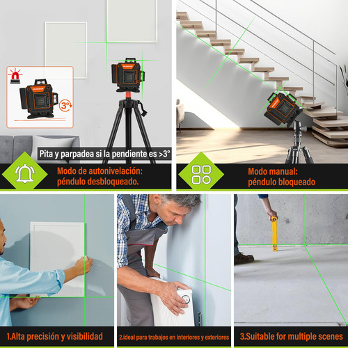 Nivel Láser 4x360 16 Líneas 4D Nivelador Autonivelante cruzada verde para construcción y colgar cuadros, SUSASSY SHMXF125OR batería recargable, mando a distancia, soporte giratorio magnético incluido