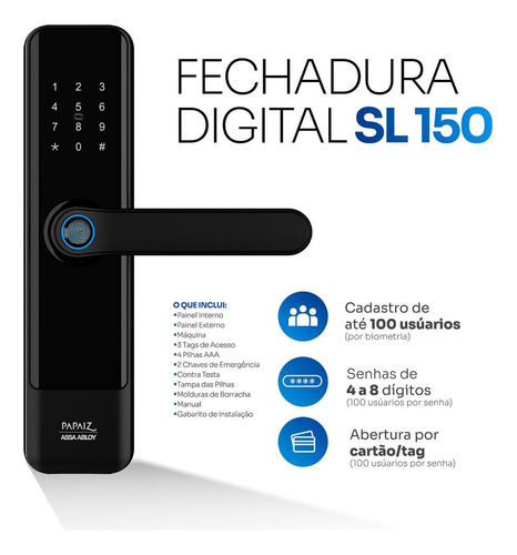Fechadura Eletrônica Sl150 De Embutir Com Biometria Papaiz