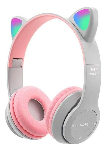 Audifonos Orejas De Gato Led Diadema Bluetooth Inalámbricos Color Gris