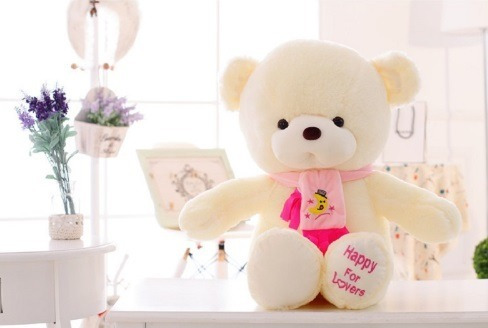 Ursinho Urso Presente 30 Cm Creme Pelúcia Com Cachecol Rosa