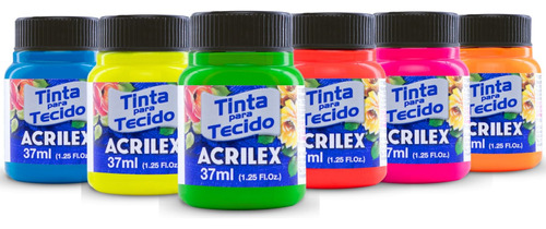 Kit 6 Tinta Fluorescente Para Tecido 37ml Acrilex