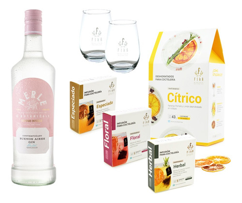 Kit Gin Tonic Merle + Saquitos Botanicos Y Citricos C/ Copas