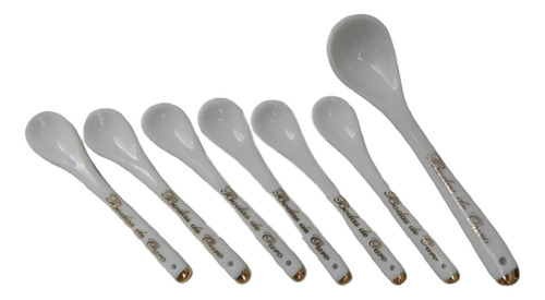 Jogo 7 Colheres Porcelana Lembranças Bodas Ouro Açúcar Café