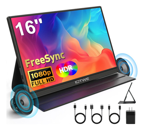 Monitor portátil IPS Pc 16" 1080p Hdr Led Integrado Bocinas Iotwe HDMI/tipo C/conector Audio 3.5 Ps5 Xbox Switch Computadoras Cámaras videoconsolas portátiles Auriculares móviles