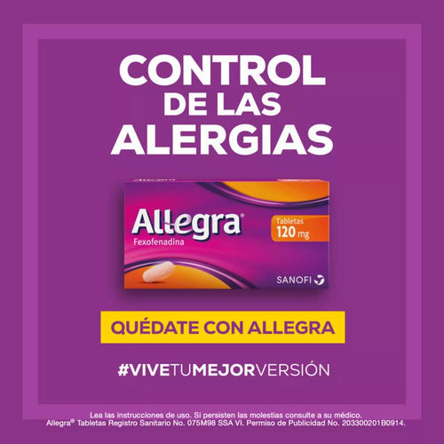Allegra Antihistamínico para Alergias Leves a Moderadas 10 tabletas 120 mg. Controla los Síntomas de la Alergia a partir de 30 Minutos. No Causa Sueño