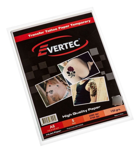 Evertec Papel Transfer Tatuajes Temporales A6 5hojas 150gr T Color Blanco