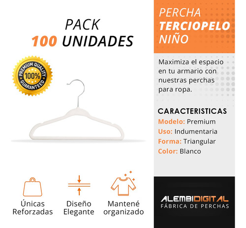 Imagen 3 de 8 de Percha Felpa Terciopelo Antideslizantes Niños X 100 Blanca