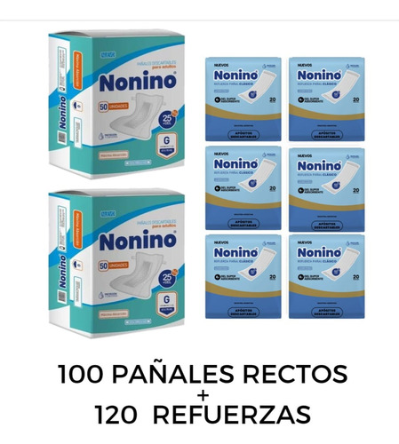 100 Pañales Rectos Nonino G + 120 Refuerza Pañal Clasico