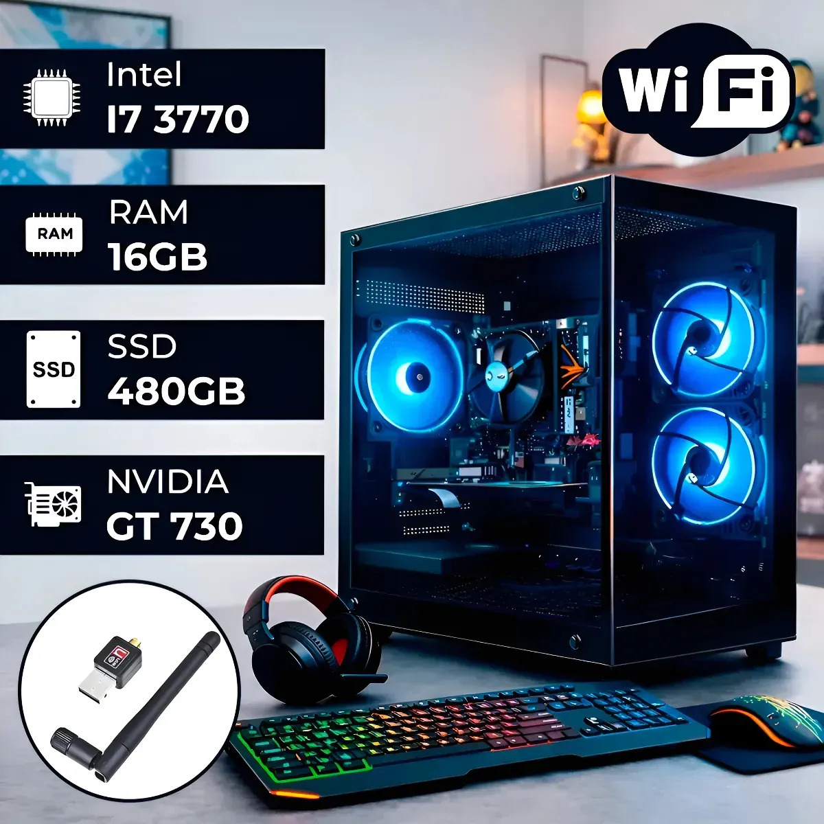 PC Gamer Intel Core i7 3770 com GeForce GT 730, 16GB RAM e SSD 480GB + Kit Periféricos