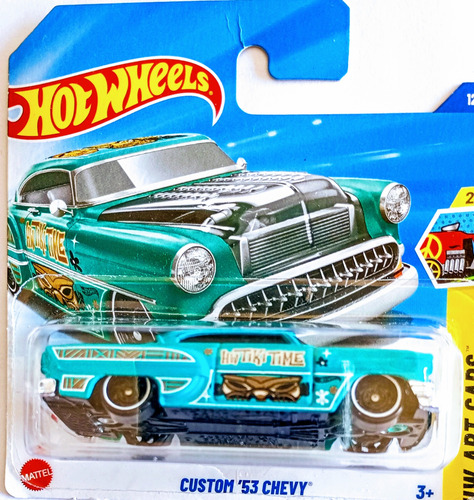 Auto Hot Wheels Español Custom 53 Chevy Esc 1/64 Nuevo Rdf1 Turquesa Ploteado Con Capot Transparente Y Vidrios Negros