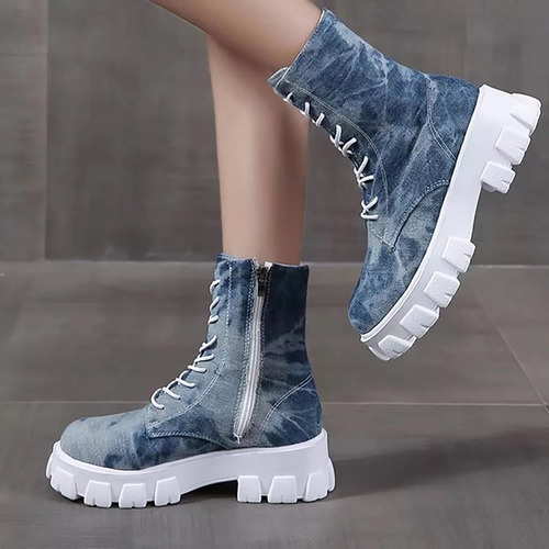 Zapatos Con Cordones A La Moda Para Mujer, Botas Vaqueras, C