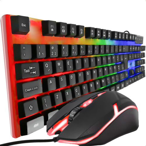 Kit Teclado Led Rgb Com Mouse Usb Com Fio Teclas Macias