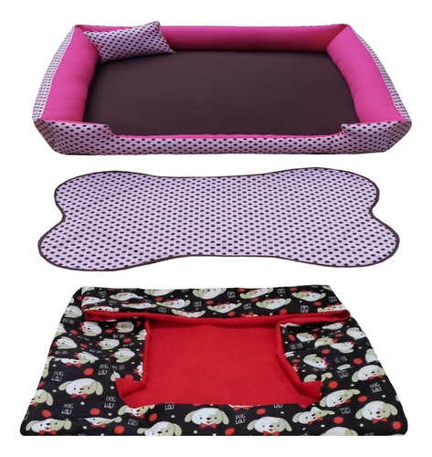 Cama Para Cachorro Grande Gg 95x95 Cm + Tapete E Capa Extra Cor Cama Rosa +capa Vermelha