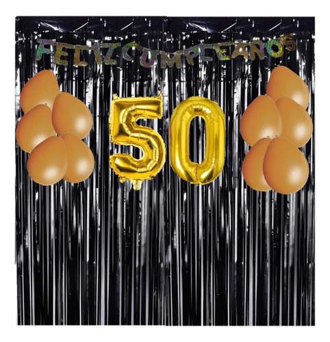 Kit Decoración Cumpleaños - 50 Años - Negro Y Dorado