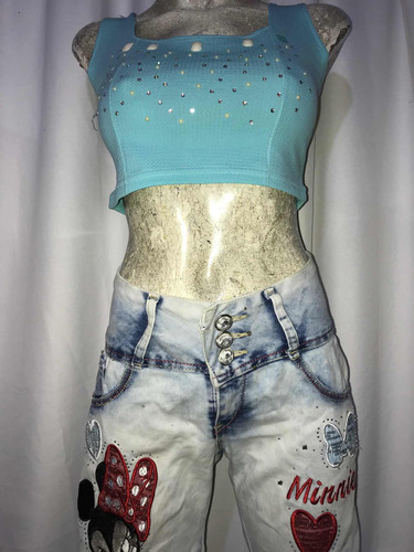 Jeans Muy Sexy Bordado Minnie Mouse Corazones Brillos Detall