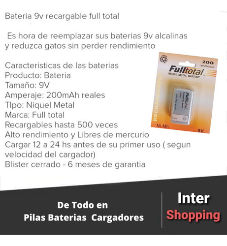 Imagen 3 de 5 de Kit X2 Baterias 9v Recargables Full Total 200 Nimh