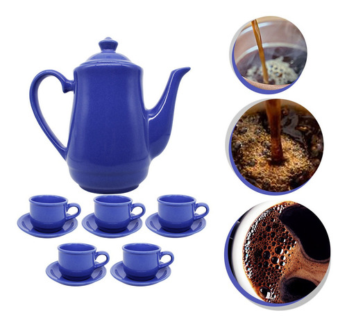 Imagem 5 de 7 de Jogo De Chá Azul Ceramica Bule Pires Cozinha Moderna 12pçs