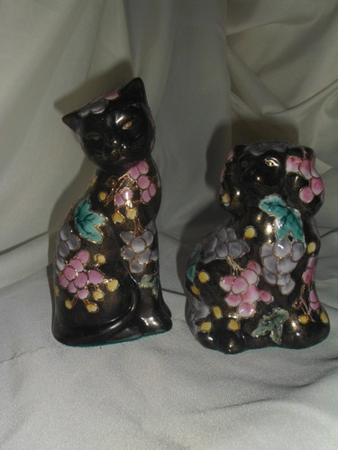 703- Par De Figuras Gato Perro Ceramica Oriental Decorado