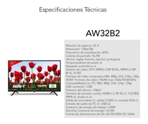 Imagen 3 de 3 de Televisor Aiwa 32 Modelo Aw32b2