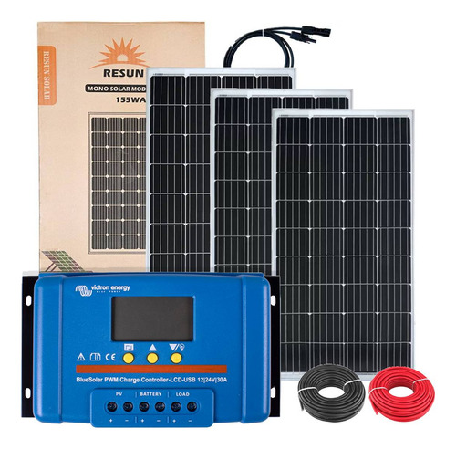 Kit Energia Solar 3 Un Placa Solar 12v Controlador 30a Cabos Cor Preto